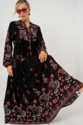 2423 Otantik Desenli Tesettür Elbise - Siyah - Bordo resmi